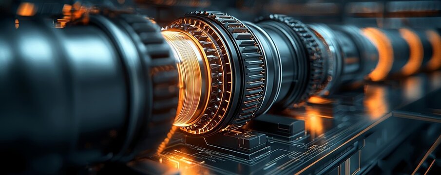 Mechanical turbine concept with fixed and rotating elements, glowing blades, energy transfer, futuristic tech illustration