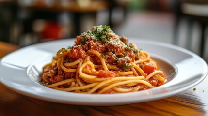 Meat pasta w/ tomato sauce and veggies