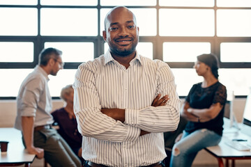 Portrait, arms crossed and happy business man in office for integrity, pride and coworking in...