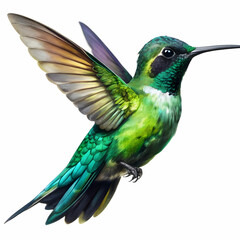 green and black humming bird with white background