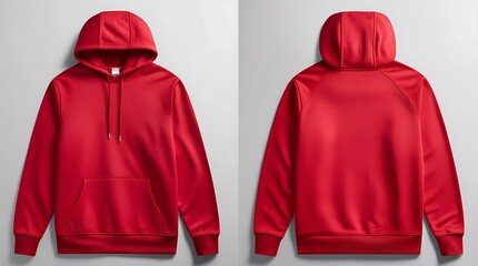 Red hooded sweatshirt has a striking red drawstring, shown in front and back views. Suitable for clothing advertising or design projects. 
