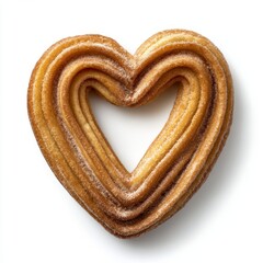 A heart-shaped churro is isolated on a crisp white background, cinematic, png.