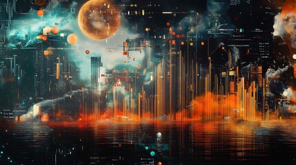 Fototapeta premium Futuristic Cityscape Reflected in Water with a Large Moon in the Sky