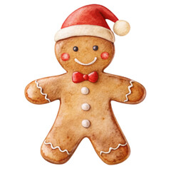 Fototapeta premium Festive watercolor illustration of a gingerbread man wearing a bow tie and Santa hat. The gingerbread man is decorated with icing details. Isolated on transparent background, png.