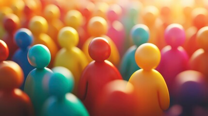 Colorful crowd of figurines gathered under warm sunlight at sunset