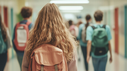 Fototapeta premium Young students walking down a school hallway with backpacks, view from behind