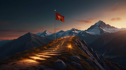 Success pathway concept, glowing light guiding the way up the mountain
