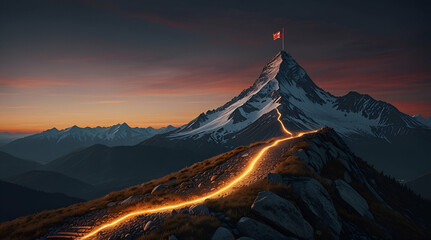 Success pathway concept, glowing light guiding the way up the mountain
