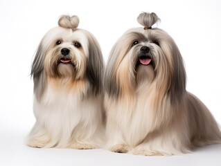Two Lhasa Apsos sitting side by side on a clean white background