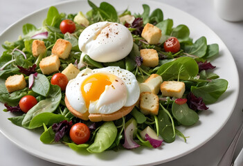 A vibrant salad featuring a perfectly poached egg, fresh mixed greens, croutons, radishes, and sliced tomatoes on a black plate.
