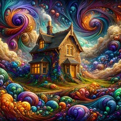 Fototapeta premium A cottage stands amidst a swirl of vibrant, colorful patterns that resemble waves and clouds. The scene combines fantasy elements with a whimsical, dreamlike atmosphere, (Gen, A.I.)