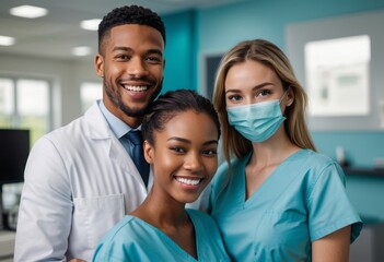 Obraz premium A diverse group of healthcare professionals, including a man and a woman, smile confidently in a hospital setting, symbolizing teamwork and positive work environment.