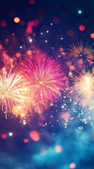Fototapeta premium Night fireworks in vertical bursting sky glowing sparks smoke event during celebration party display show colorful explosions festive atmosphere