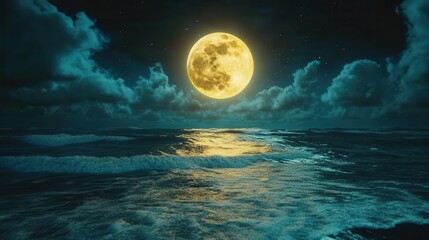Fototapeta premium Full moon shining over the ocean at night.