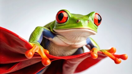 Fototapeta premium of a superhero red eyed tree frog with cape, superhero, red eyed tree frog, cape, funny, cartoon, character, design