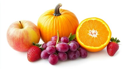 Apples, grapes, orange, pumpkin, strawberries: white background