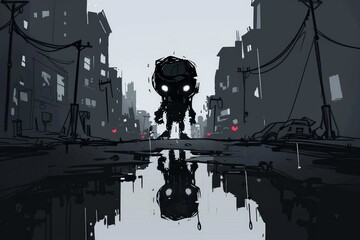 Fototapeta premium A dark, haunting urban scene featuring a mysterious figure amidst a desolate cityscape and reflections in puddles.
