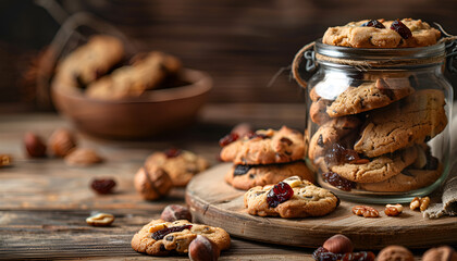 Healthy cookies with dried fruits and nuts in a glass jar