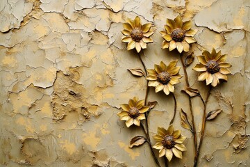 The sunflowers are painted in stucco on a gold background