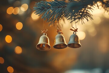 Golden bells hang on pine branch with bokeh lights