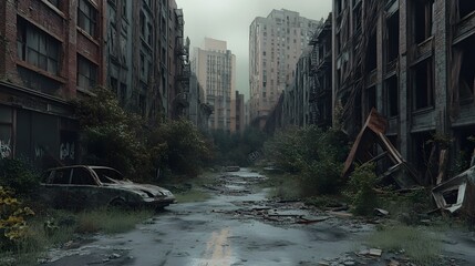 Fototapeta premium Post-apocalyptic urban landscape with vegetation reclaiming derelict buildings Gritty worn muted desaturated colors heavy textures detailed 3D architecture