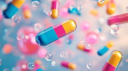 Colorful capsules floating among bubbles in a vibrant background