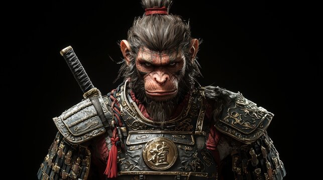 Anthropomorphic monkey king in armor with weapons on a black background