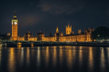 Fototapeta premium Illuminated houses of parliament and big ben reflected in thames
