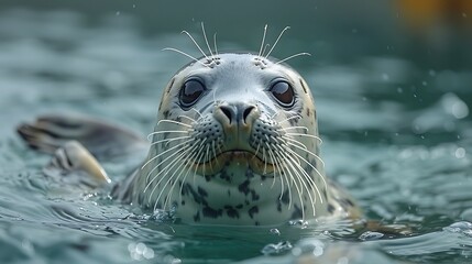 Fototapeta premium A curious harbor seal with black spots and white whiskers peeks out of the water, its dark eyes gazing directly at the camera.