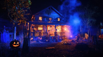 Spooky Haunted House Ambiance at Halloween Event with Eerie Lighting and Props
