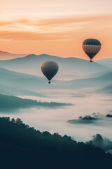 Fototapeta premium Serene Sunrise with Hot Air Balloons. Two hot air balloons floating over misty mountains at sunrise, suitable for travel and adventure themes.