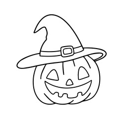  drawing of a ripe joyful pumpkin with a creepy face. Halloween monster face in a wizard's hat. cartoon illustration on white background. Design elements