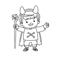 Vector image of a little Dracula. Boy with a staff in his hand. eye of Sauron. Coloring page, doodles