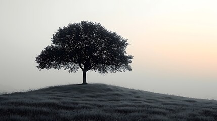 Fototapeta premium A lone tree stands tall on a grassy hill, silhouetted against a misty sunrise.