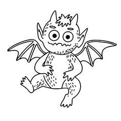 Vector image. Drawing of a cartoon monster with wings. Halloween. Coloring page, doodles