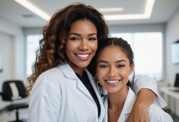 Obraz premium A group of smiling healthcare professionals, including two women and a man, stand confidently in a hospital corridor, representing positivity and teamwork.