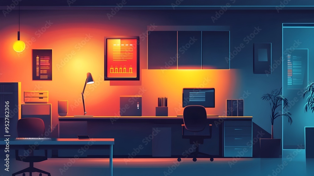 Poster graphic depicting smart office sensors and connected devices monitoring and analyzing energy usage a