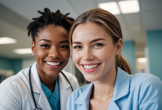 Two female healthcare professionals smile warmly in a hospital setting, highlighting teamwork and a positive work environment.