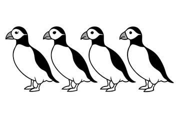 Four Puffins Linear Vector Art on White Background