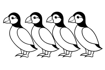 Four Puffins Linear Vector Art on White Background