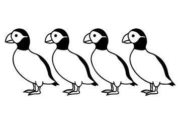 Four Puffins Linear Vector Art on White Background