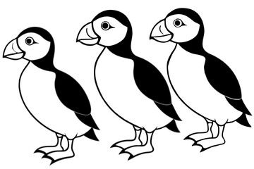 Four Puffins Linear Vector Art on White Background
