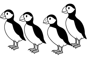 Four Puffins Linear Vector Art on White Background