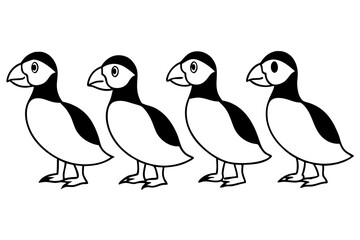 Four Puffins Linear Vector Art on White Background
