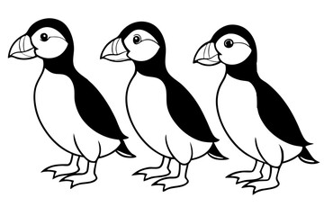 Four Puffins Linear Vector Art on White Background
