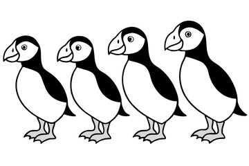 Four Puffins Linear Vector Art on White Background