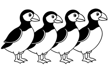 Four Puffins Linear Vector Art on White Background