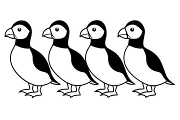 Four Puffins Linear Vector Art on White Background