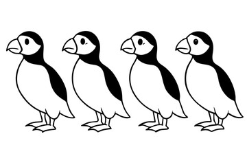Four Puffins Linear Vector Art on White Background