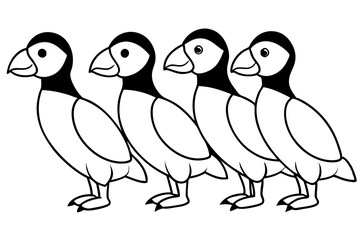 Four Puffins Linear Vector Art on White Background